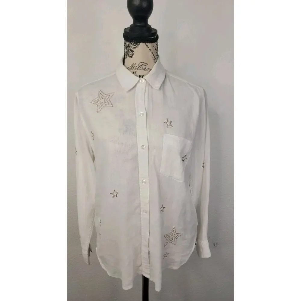 Rails Shirt Womens XS White Charli Metallic Stars Linen coastal summer Celestial